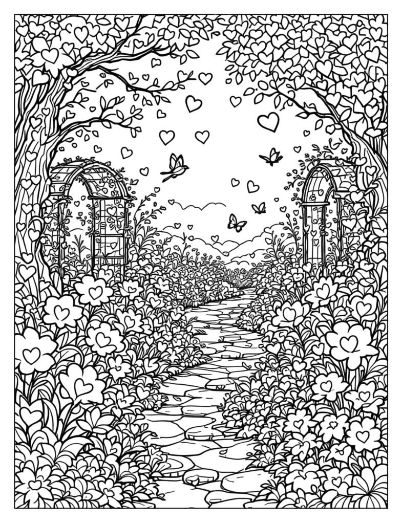 A forest or garden scene with many small hearts hidden among the leaves and branches.