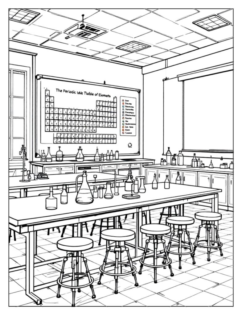 A line art drawing of a high school classroom with desks, chairs, and perhaps a whiteboard, designed for older students, ready for coloring.