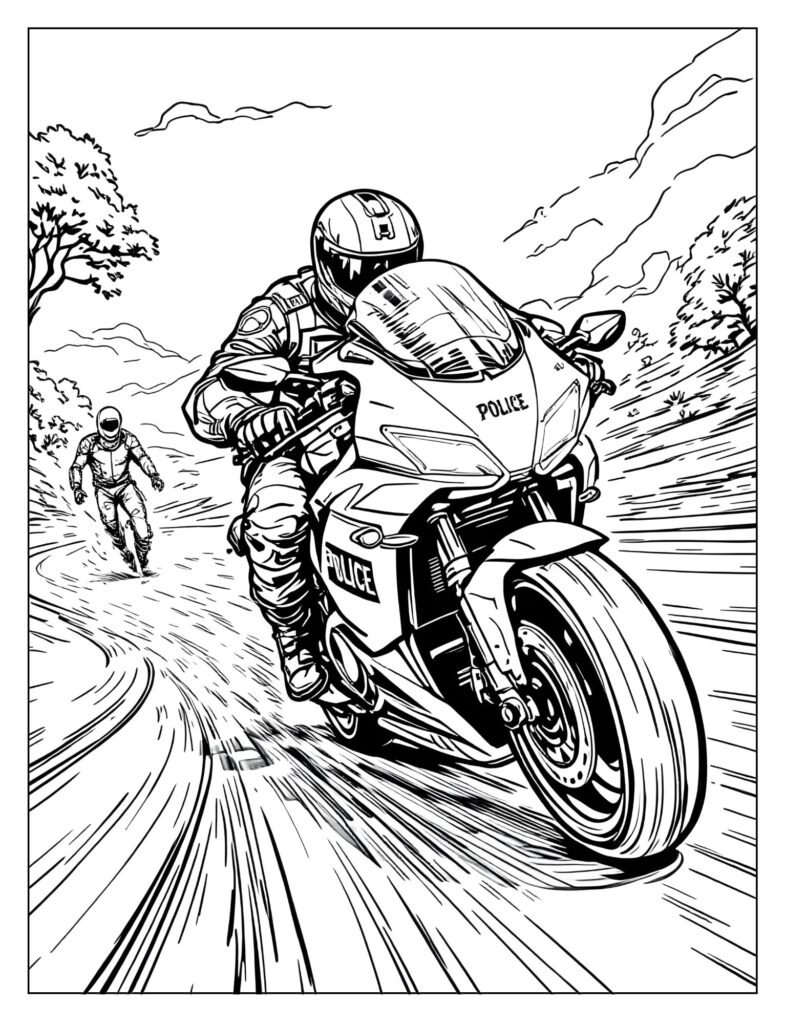 A police motorcycle leaning sharply into a curve with dynamic speed lines behind it.