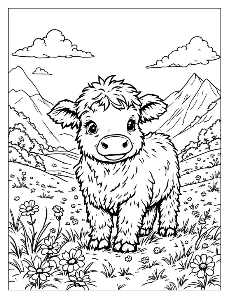 A small, adorable baby Highland cow calf.