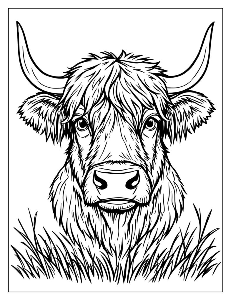 A front-facing view of a Highland cow with its long horns.