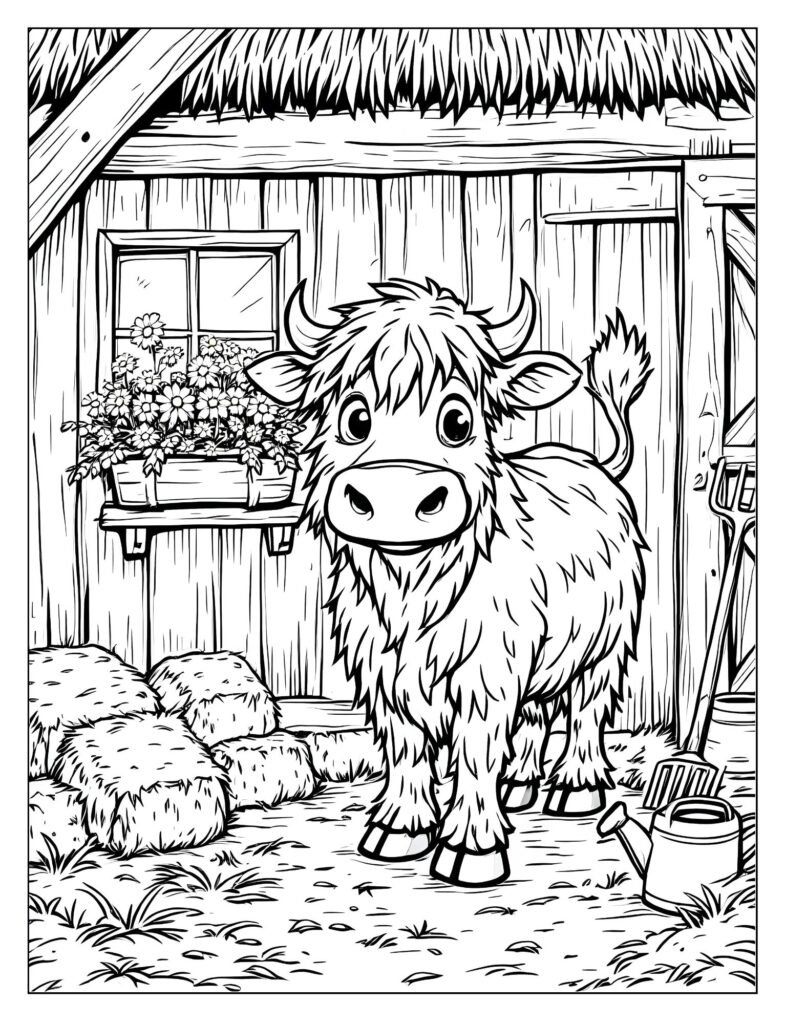 A Highland cow standing inside a cozy barn.
