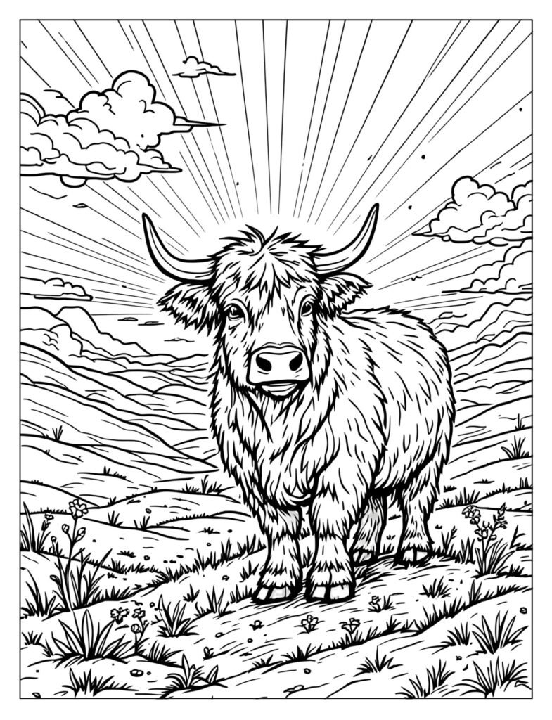 A Highland cow in front of a colorful sunset.

