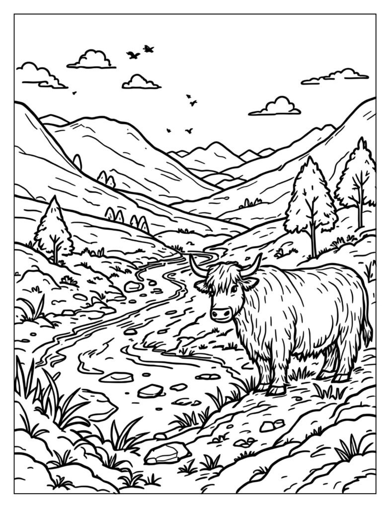 A Highland cow near a winding river in a valley.
