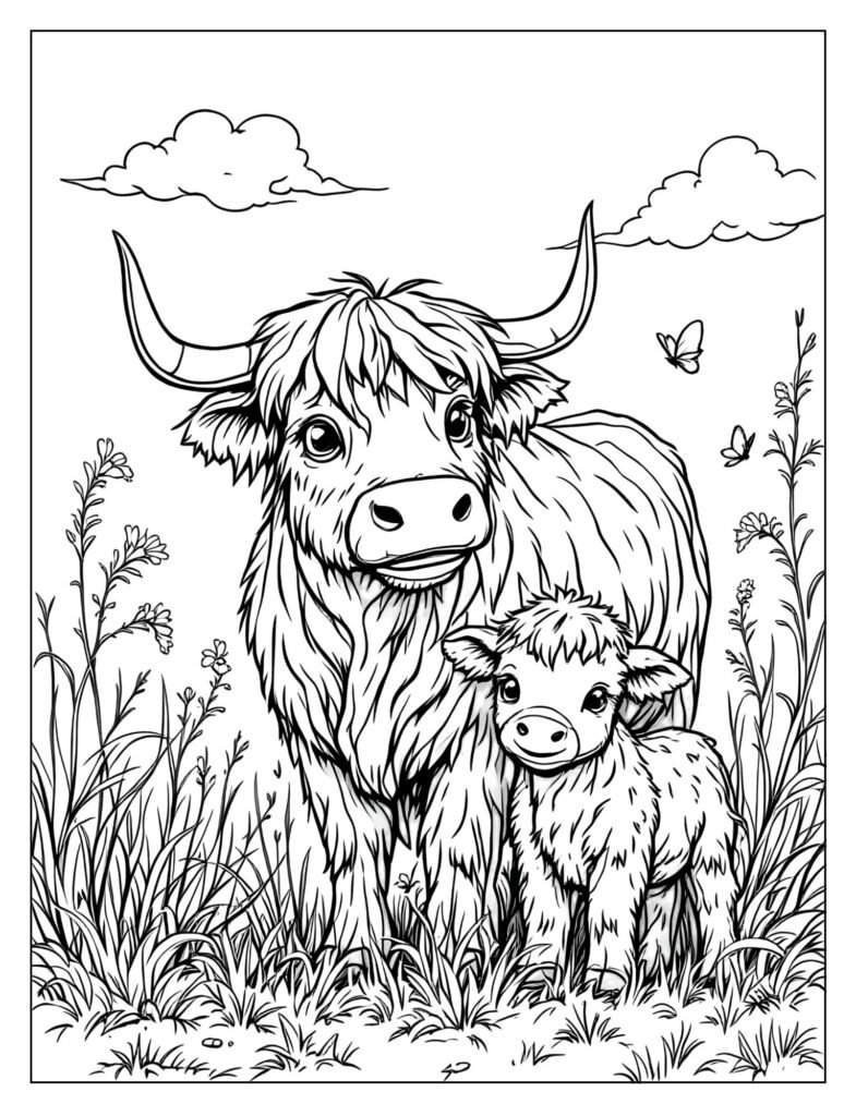 A mother Highland cow with her baby calf.