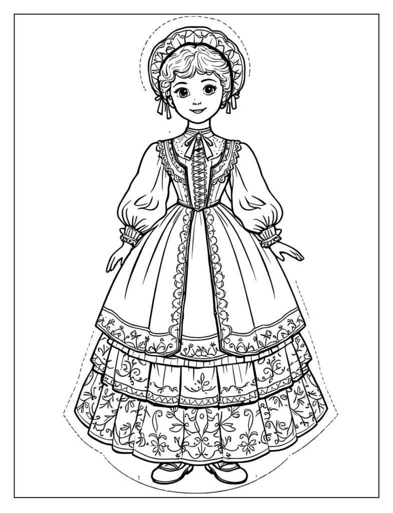 A paper doll from the 1800s with a detailed outfit.