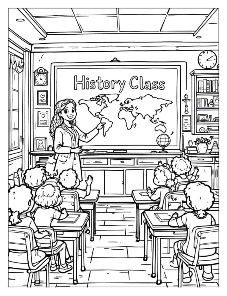  A black and white illustration of a history classroom, possibly with historical artifacts or maps, ready for coloring.