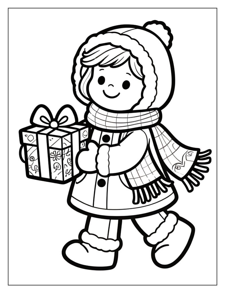 A doll in a coat and scarf holding a wrapped gift.