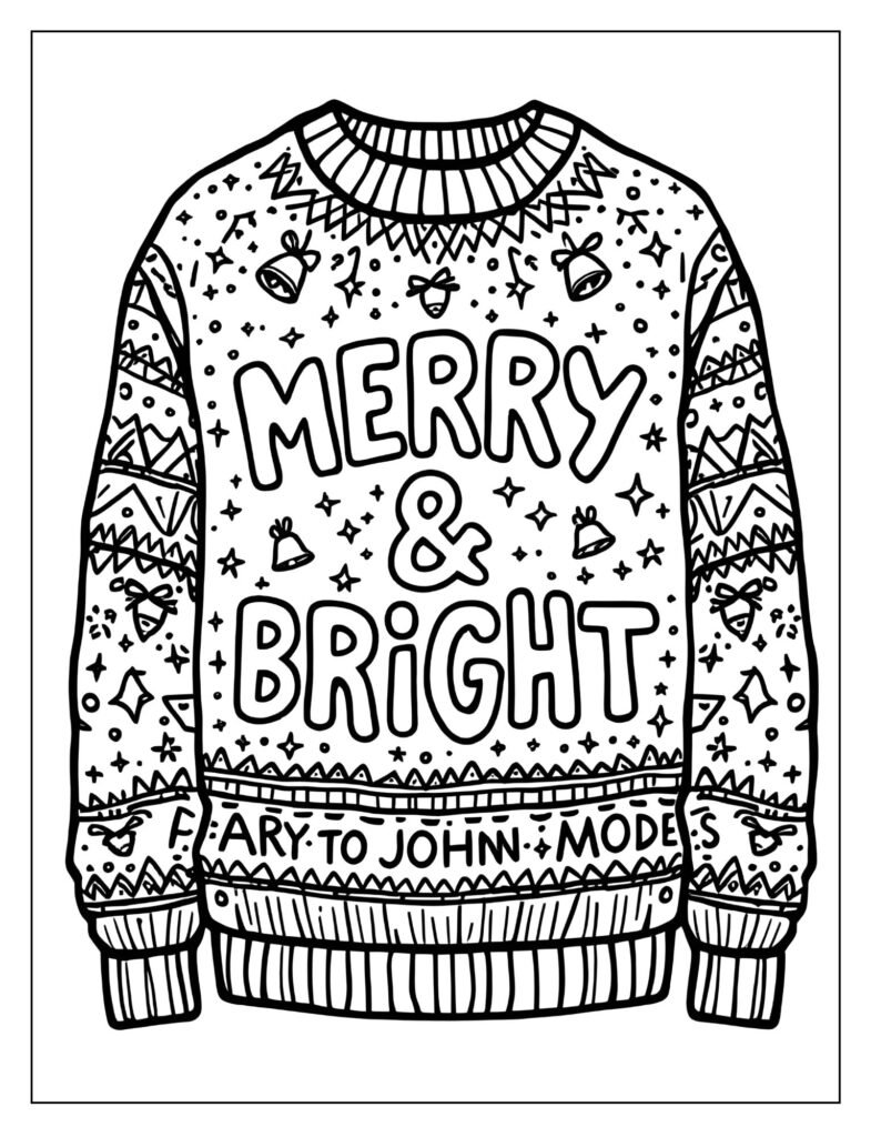 Sweater with a large, bubbly, central text design that reads "MERRY & BRIGHT," surrounded by tiny bell or star accents.