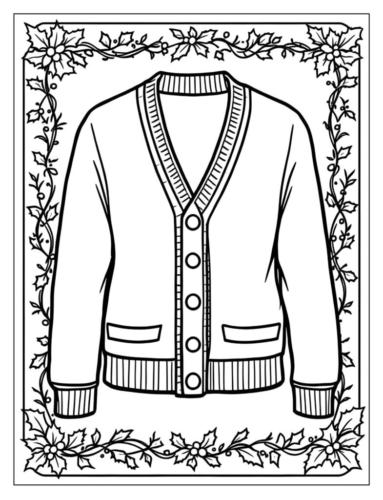 Button-up cardigan sweater featuring a border pattern of intertwined holly leaves and berries running down the edges and collar.