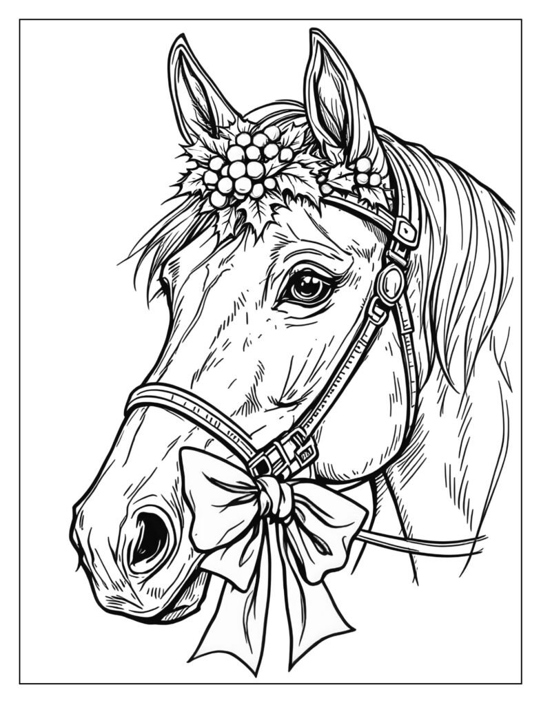 Close-up of a horse's head wearing a bridle decorated with red holly berries and a large red velvet bow.