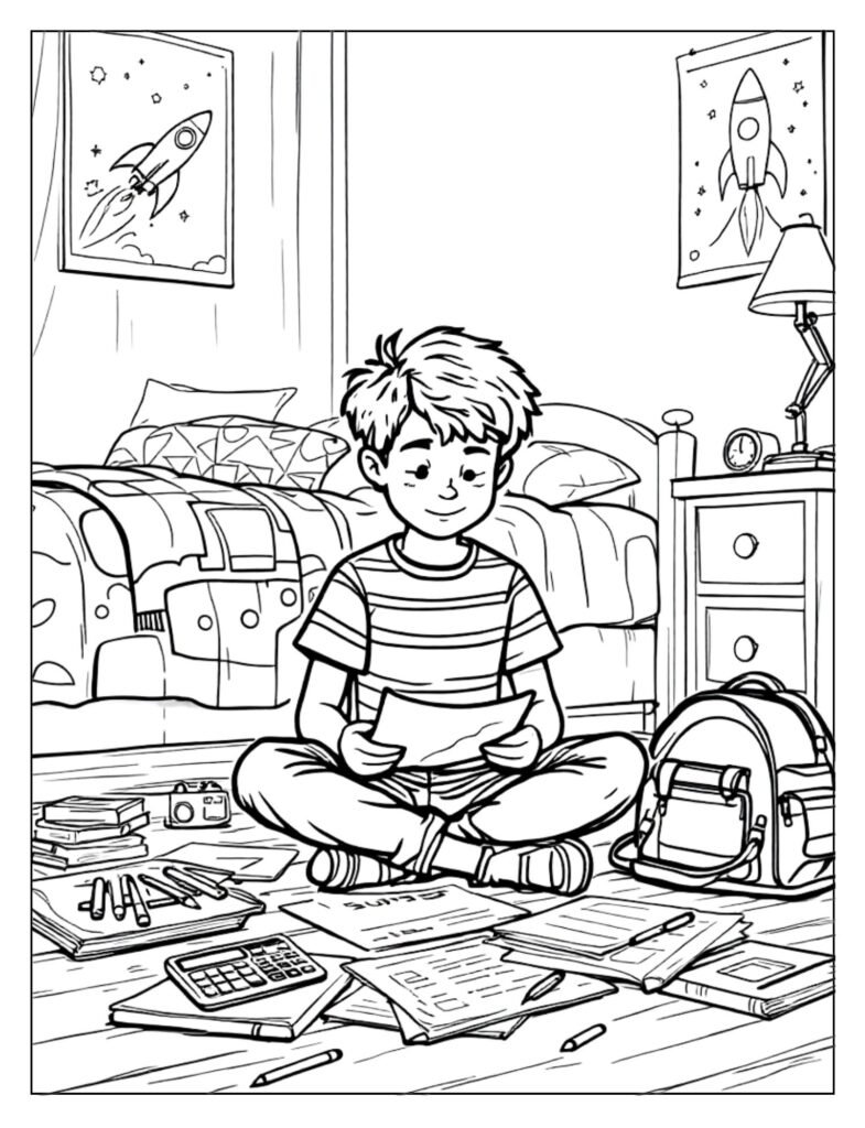 A black and white illustration of a student sitting at a desk with an open book and papers, representing homework, ready for coloring.