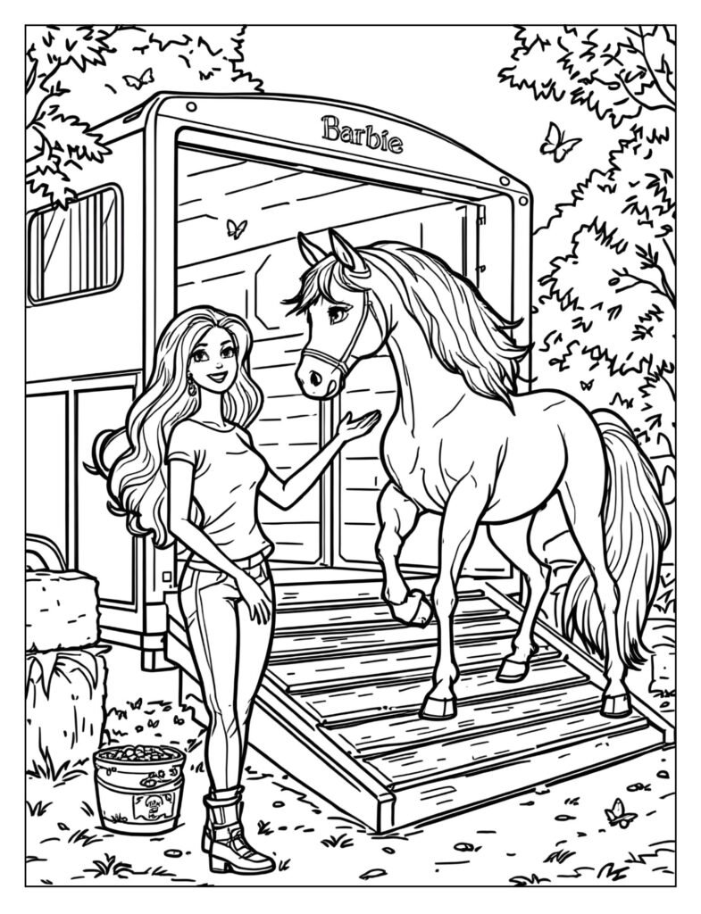A large horse trailer with a ramp down, and Barbie standing next to the ramp.