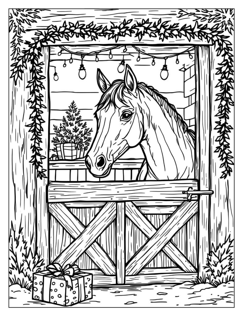 A horse standing in a cozy stable stall decorated with twinkling lights, garland, and a small Christmas gift.