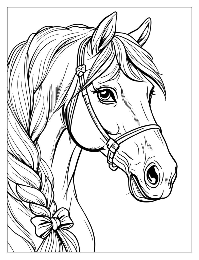 Close-up of a horse's head with its mane neatly braided and a small bow.