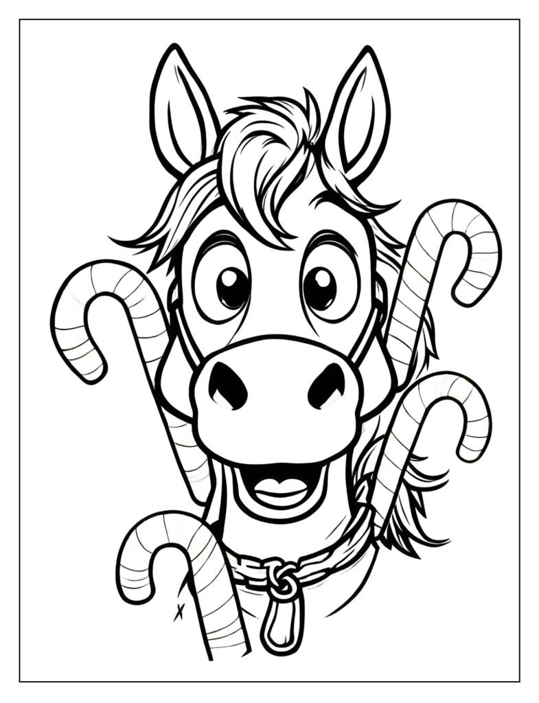 A cartoon horse looking surprised, with several large candy canes hanging playfully from its bridle.