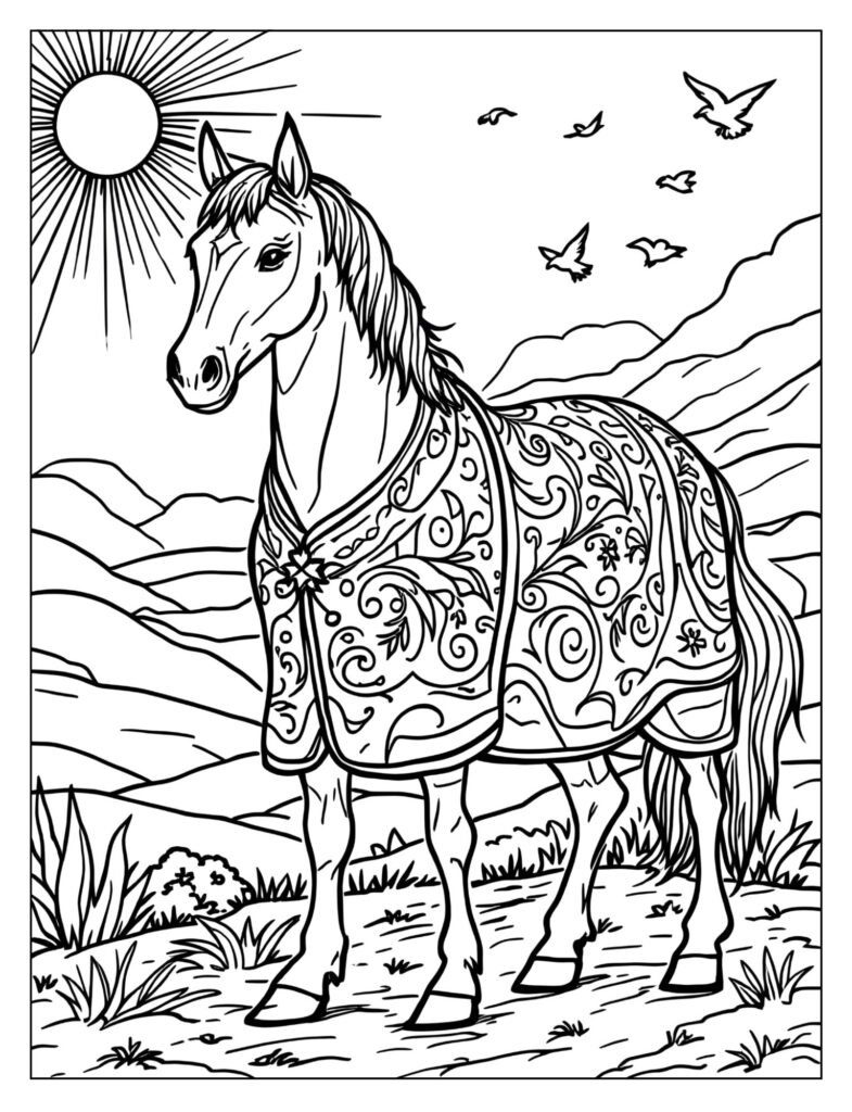 A beautiful horse standing still, wearing a colorful, patterned horse blanket over its back.