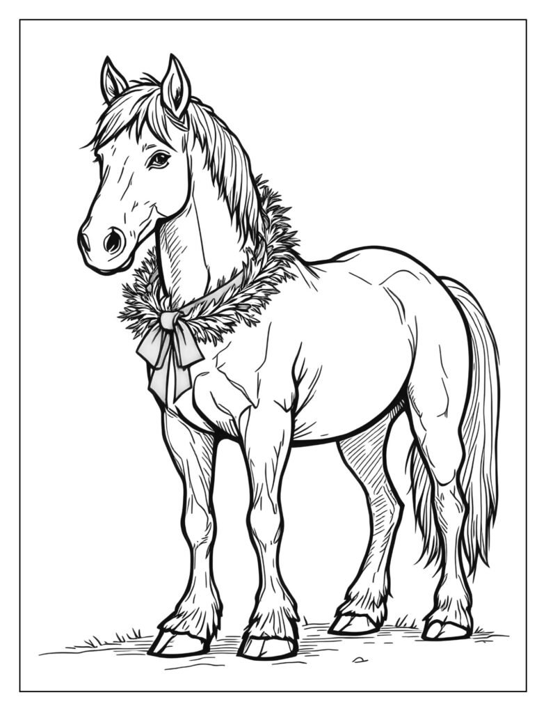 A large, sturdy horse wearing a simple wreath of pine branches and ribbon around its neck like a collar.
