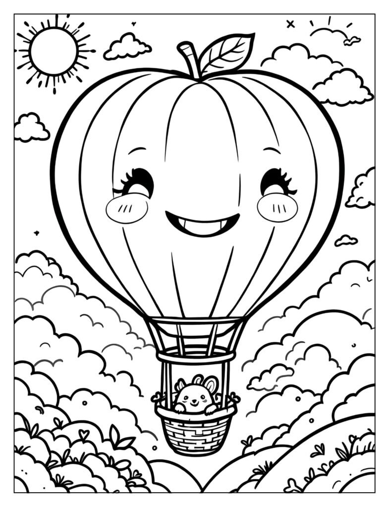  Big hot air balloon floating in the sky coloring page