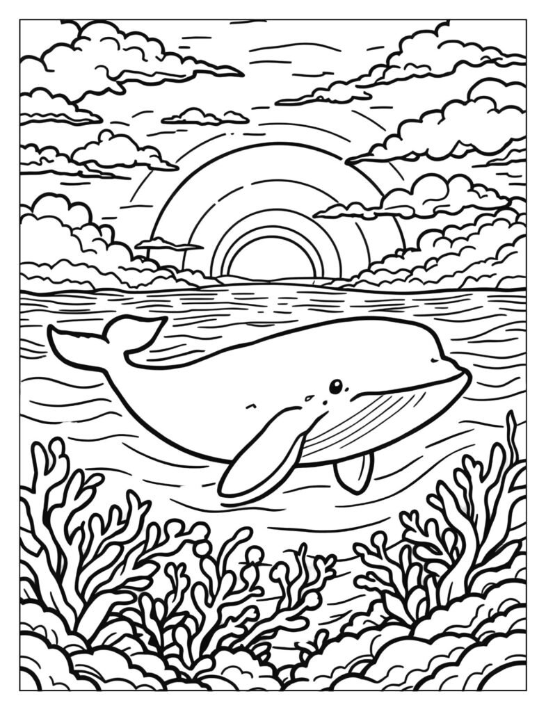 A clean silhouette outline of a humpback whale against a colorful ocean sunset.