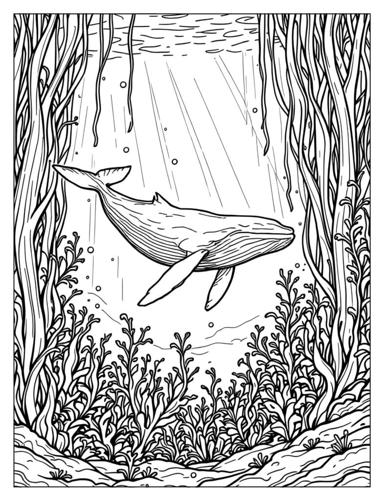 A humpback whale swimming gently past a large, vertical kelp forest or patch of seaweed.