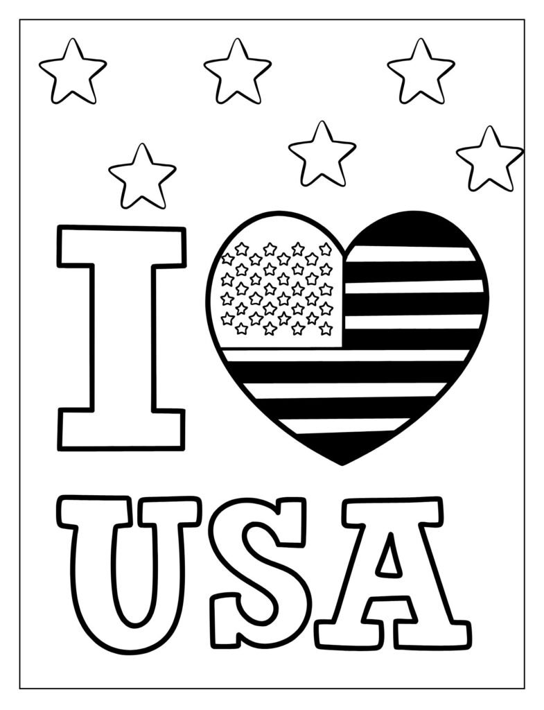 A black and white outline illustration with the words "I LOVE USA," featuring a heart shape, designed for coloring.