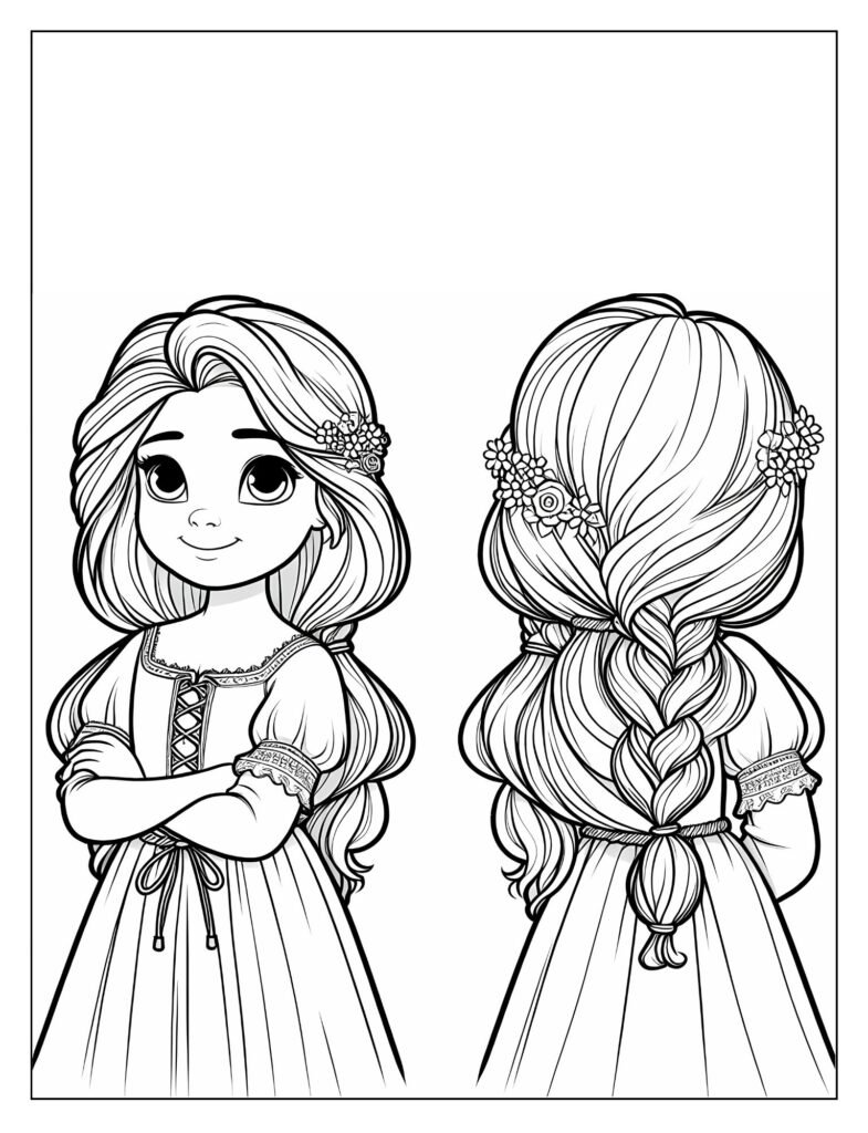 A black and white illustration featuring Rapunzel in a scene that encourages imaginative play or storytelling, ready for coloring.