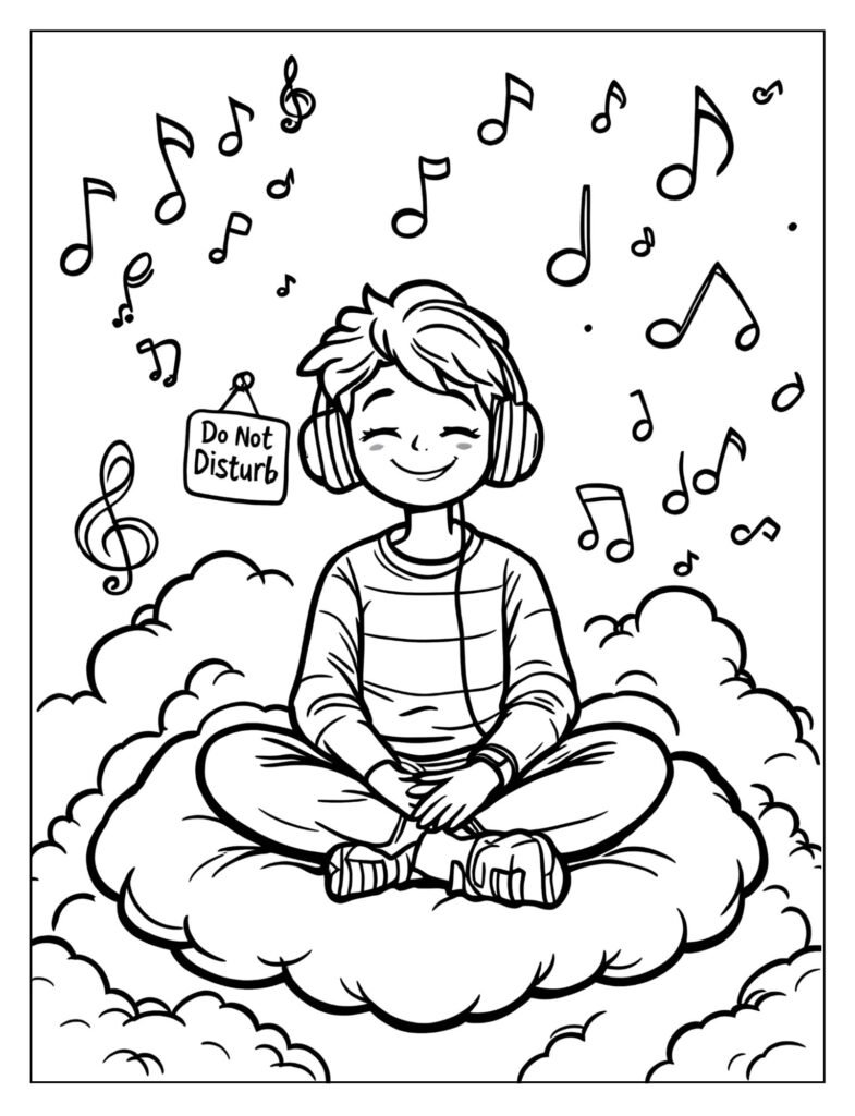 A person with headphones on sitting on a cloud.
