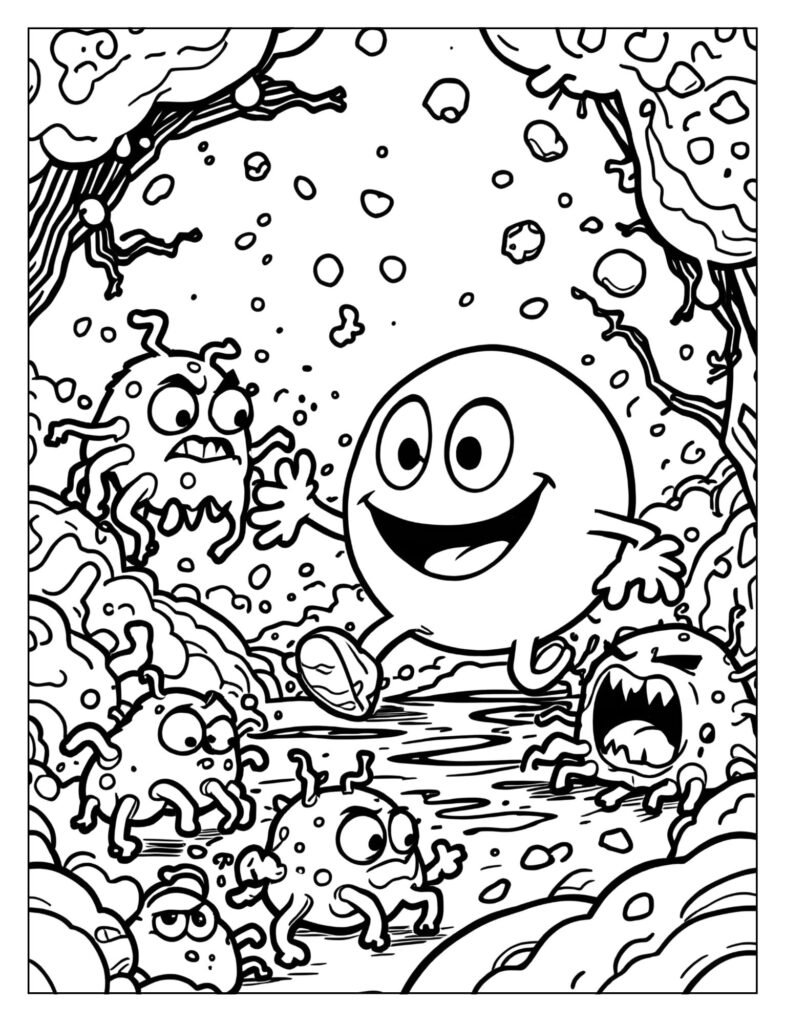 Diagram-style drawing of a friendly white blood cell capturing a group of villainous-looking germs.