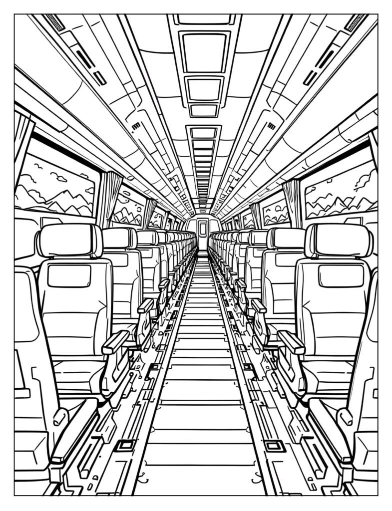 Interior view of a bullet train cabin aisle with rows of comfortable seats.