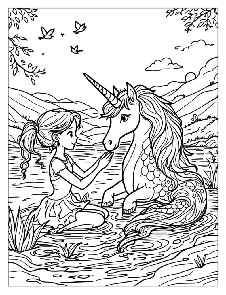 Isabel with River the water unicorn by a lake coloring page