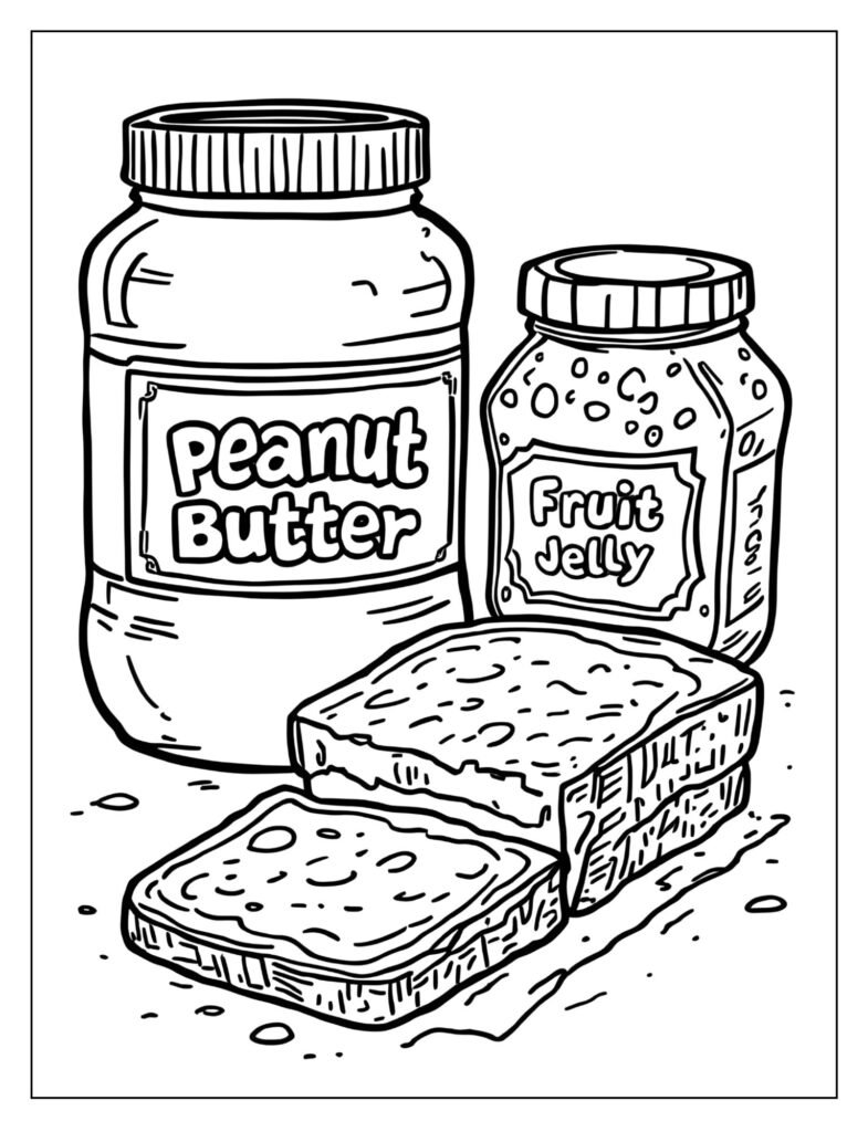 Detailed drawings of a jar of peanut butter, a jar of fruit jelly, and a loaf of sliced bread.