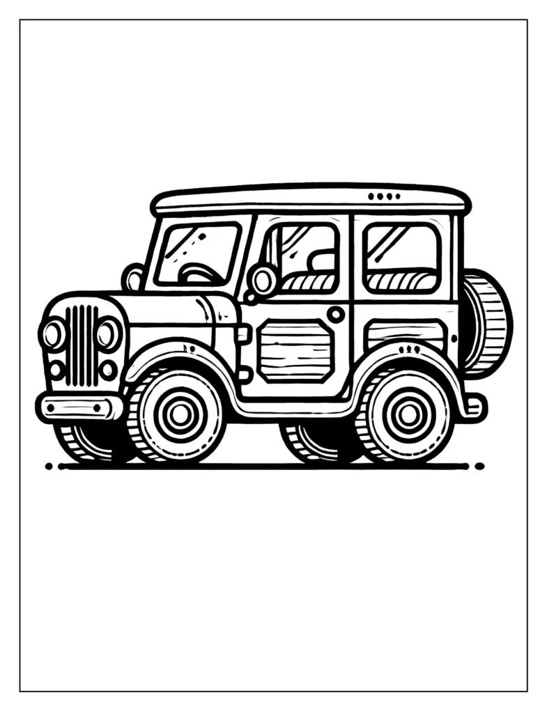 Detailed line art of a tough, iconic Jeep car or Wrangler-style off-road vehicle.