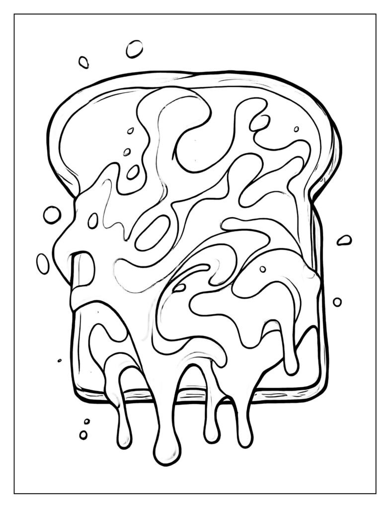 A simple slice of bread with a large, messy splatter pattern of jelly across its surface.
