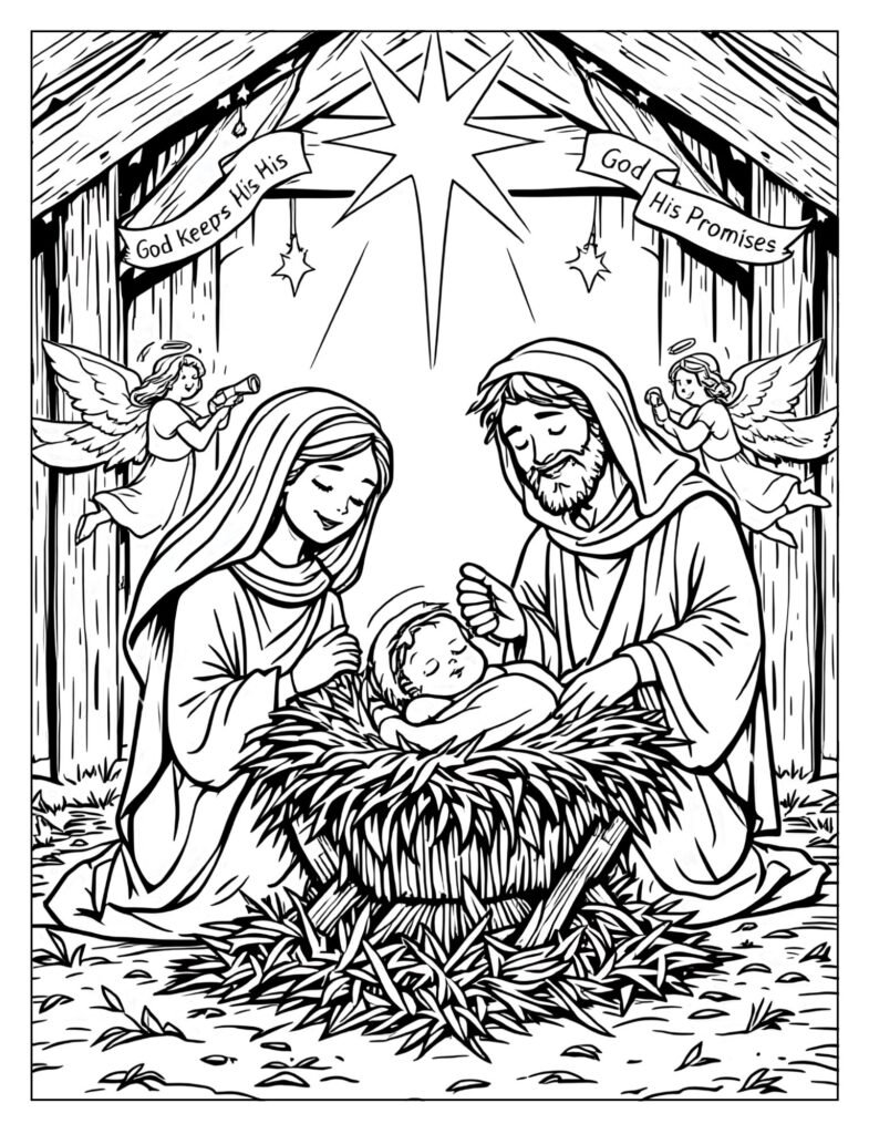 The nativity scene with Mary, Joseph, and baby Jesus.
