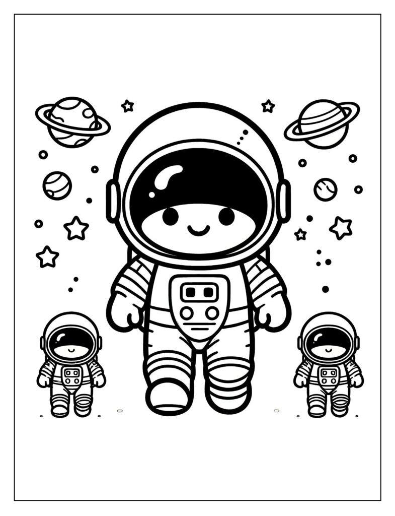 A line art illustration showing a rocket or an astronaut on a journey towards a cluster of stars, designed for coloring.
