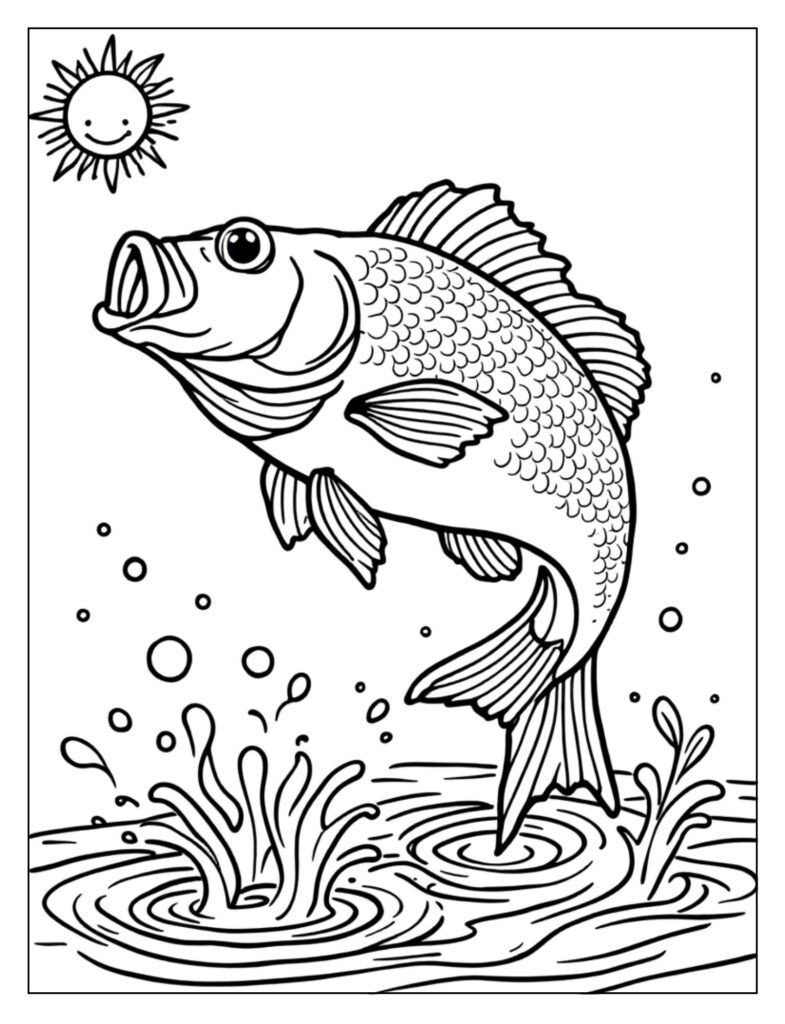 Dynamic line art of a largemouth bass powerfully jumping out of the water, mid-air, a classic fishing scene.