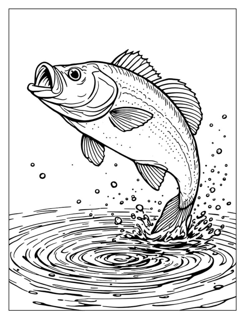 Energetic line art of a bass fish powerfully jumping out of a water pond, creating splashes.