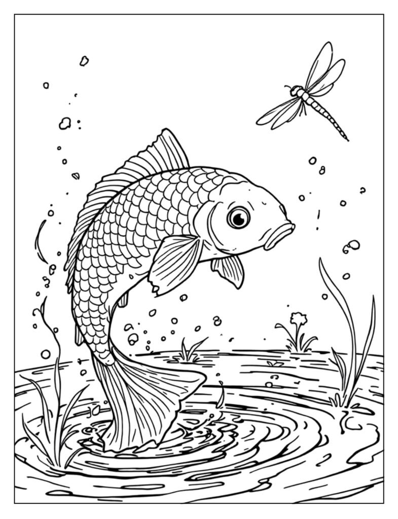 A dynamic koi fish jumping out of the water.