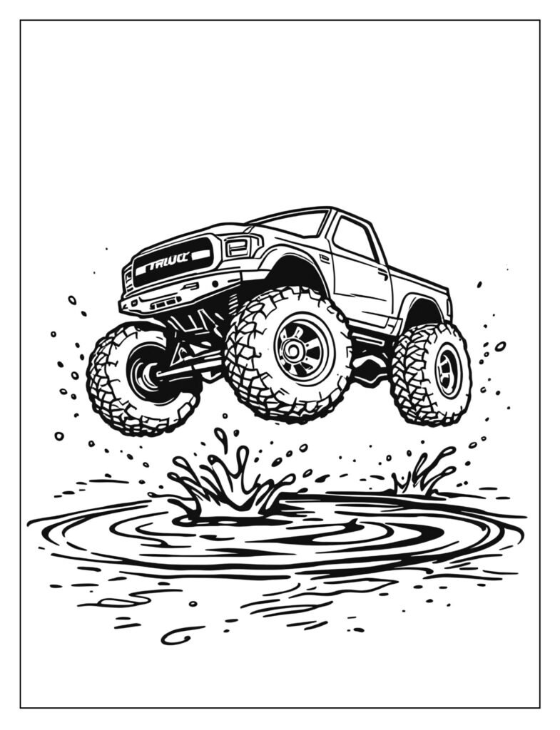 RC truck jumping over a small puddle of water or mud, with droplets spraying up behind its tires.
