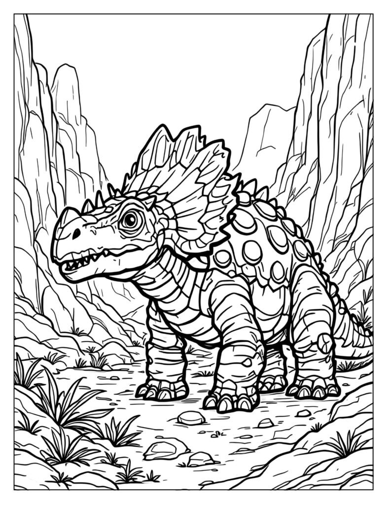 Ankylosaurus ready to defend in rocky landscape coloring page