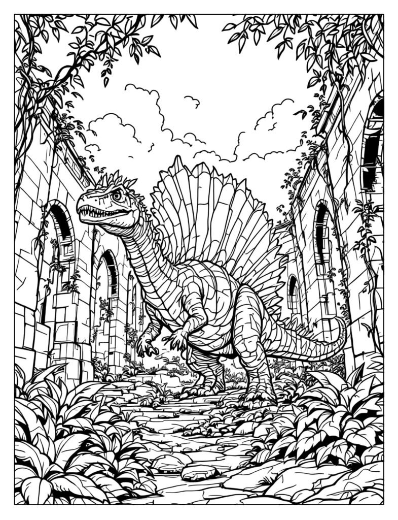 Spinosaurus rising from Jurassic World Visitor Center ruins coloring page