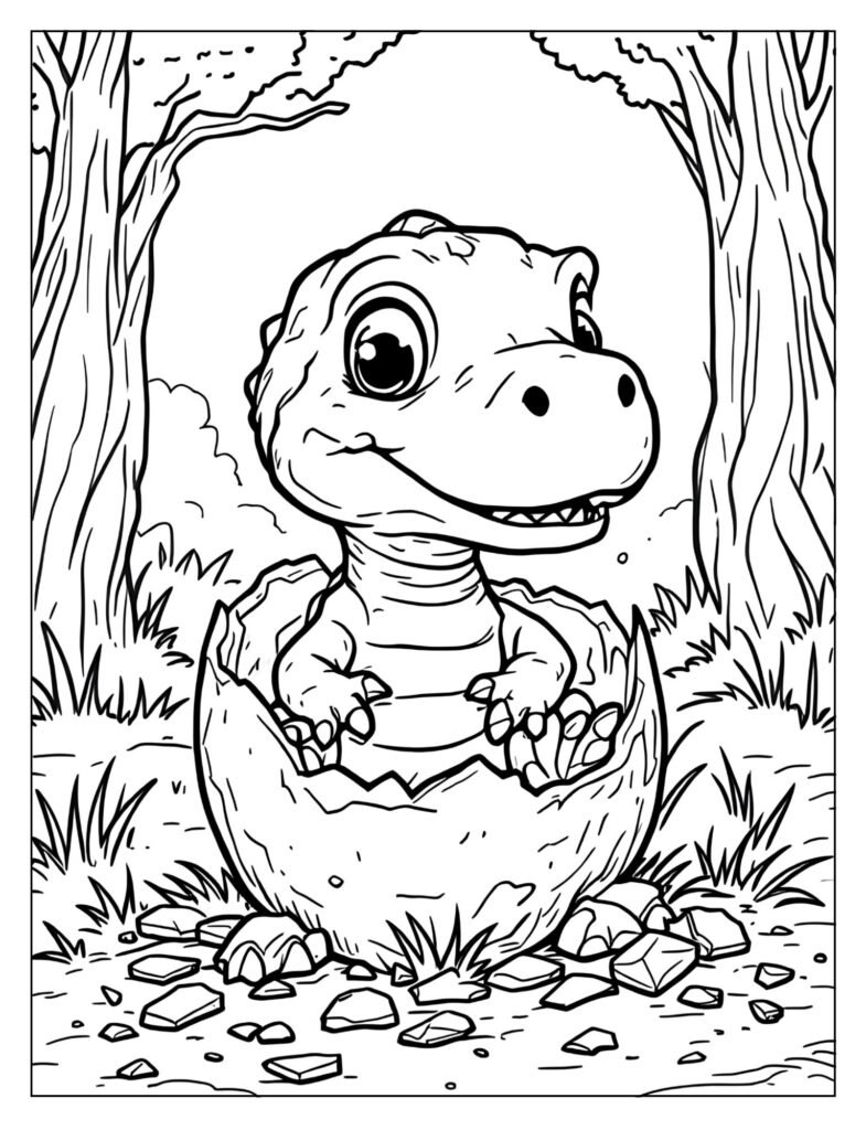 Baby dinosaur hatching from egg coloring page