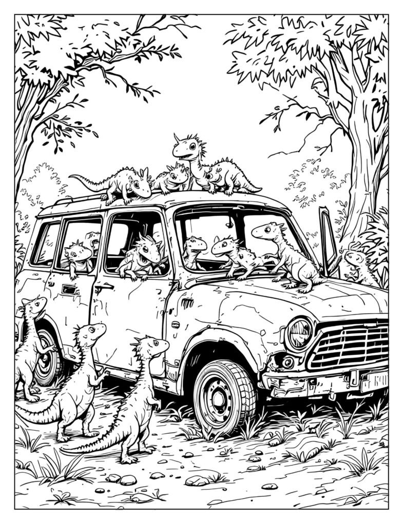 Compsognathus swarm investigating abandoned equipment coloring page