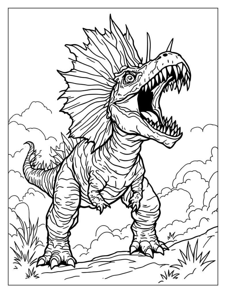 Dilophosaurus unfurling frill warning coloring page