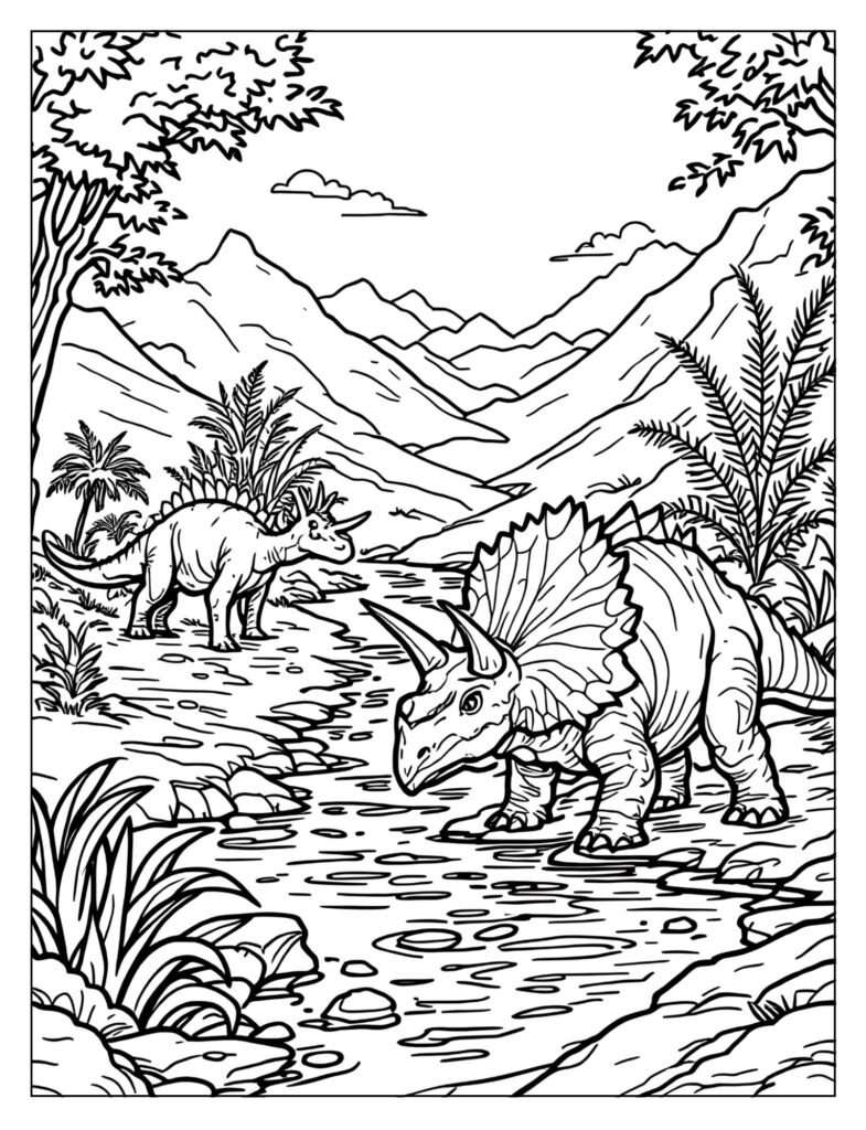 Herbivorous dinosaurs at river sanctuary coloring page
