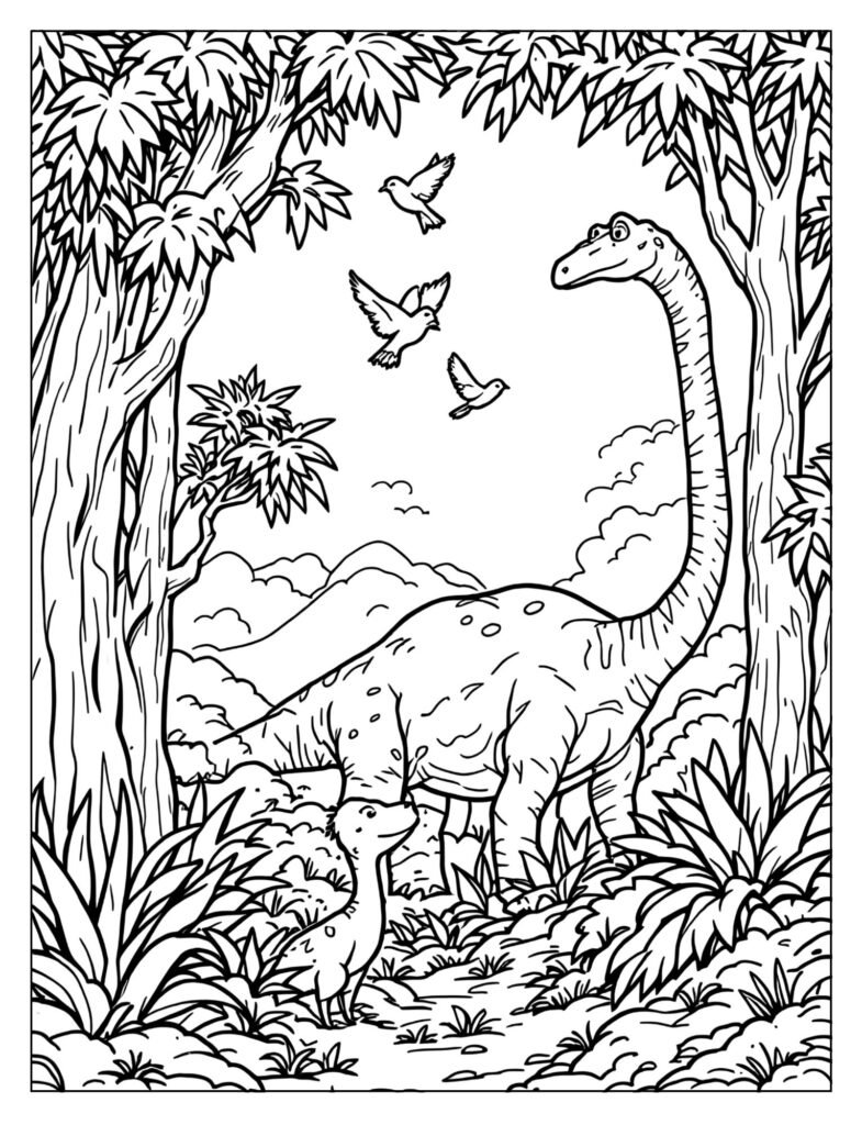 Brachiosaurus grazing on trees coloring page
