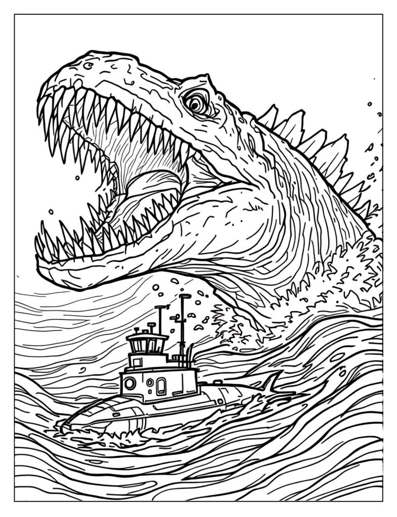 Mosasaurus breaching water with submarine coloring page

