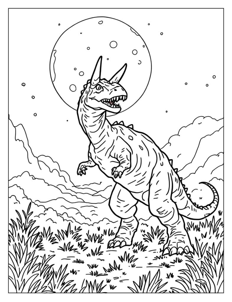 Carnotaurus night hunt under moonlight coloring page

