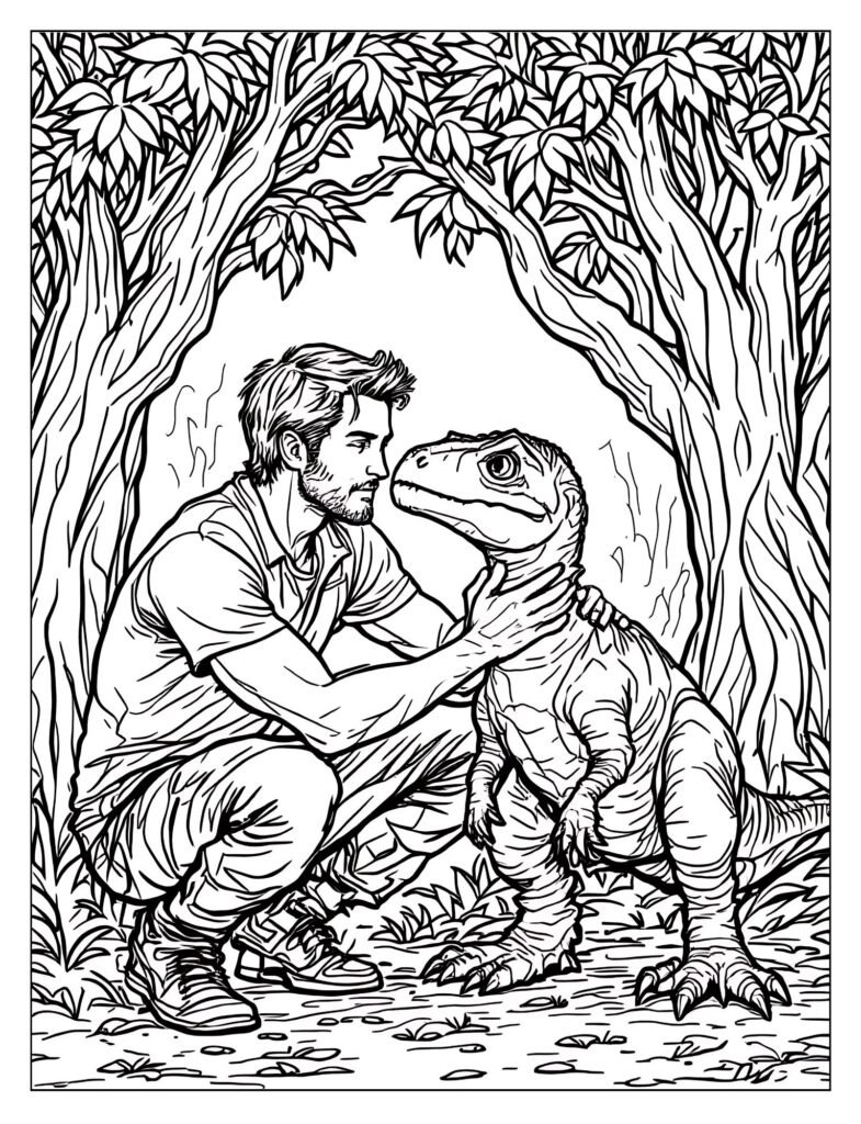 Owen and Blue Velociraptor reunion silhouette coloring page